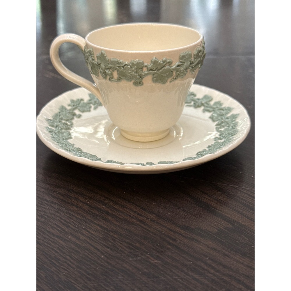 Wedgwood Embossed Queens Ware Tea Cup Saucer Set Cream on Celadon Green England